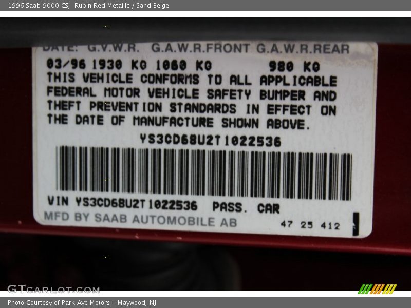 Rubin Red Metallic / Sand Beige 1996 Saab 9000 CS