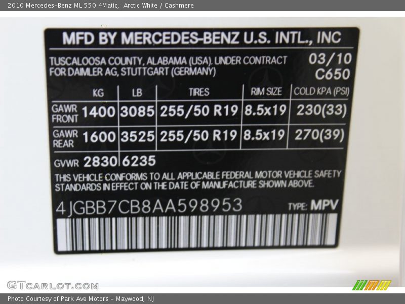 2010 ML 550 4Matic Arctic White Color Code 650