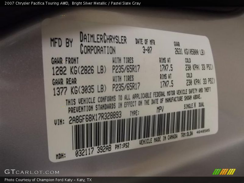 Bright Silver Metallic / Pastel Slate Gray 2007 Chrysler Pacifica Touring AWD