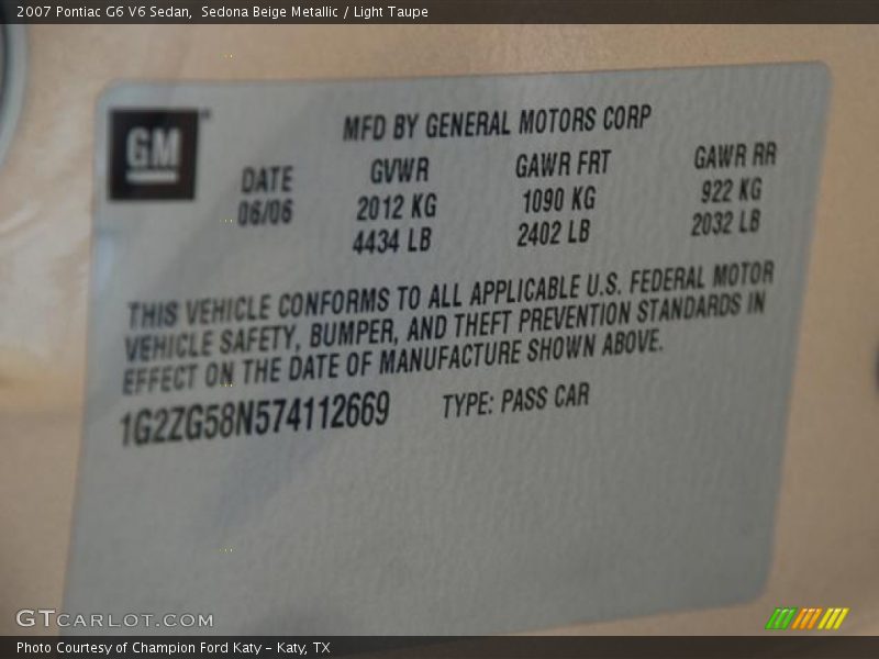 Sedona Beige Metallic / Light Taupe 2007 Pontiac G6 V6 Sedan