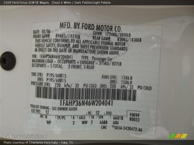2006 Focus ZXW SE Wagon Cloud 9 White Color Code YZ