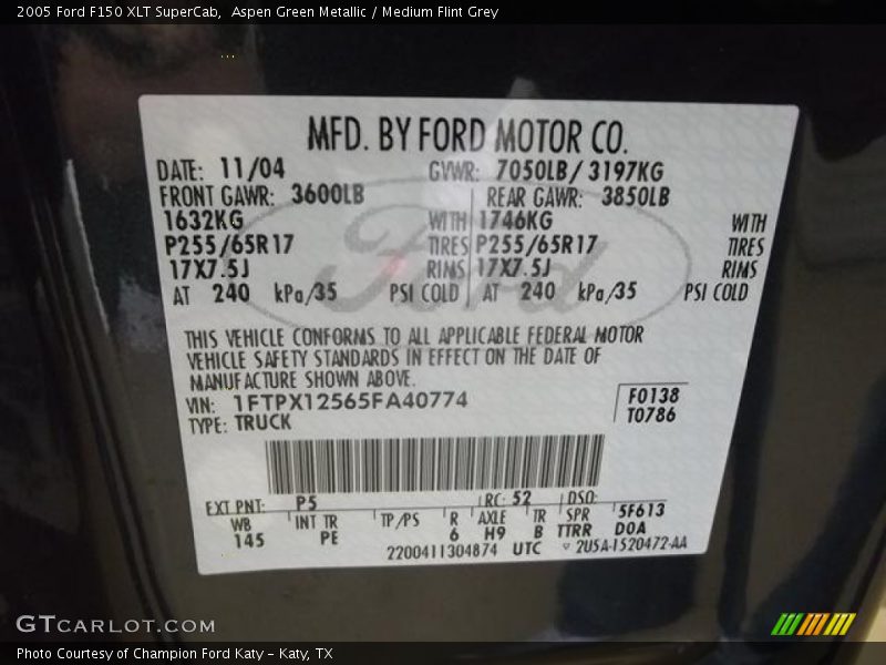 2005 F150 XLT SuperCab Aspen Green Metallic Color Code P5