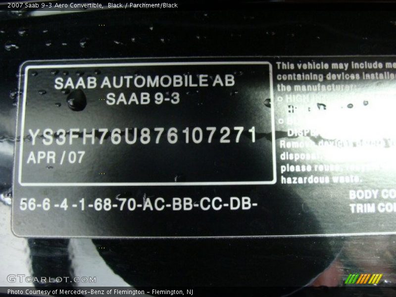 Info Tag of 2007 9-3 Aero Convertible