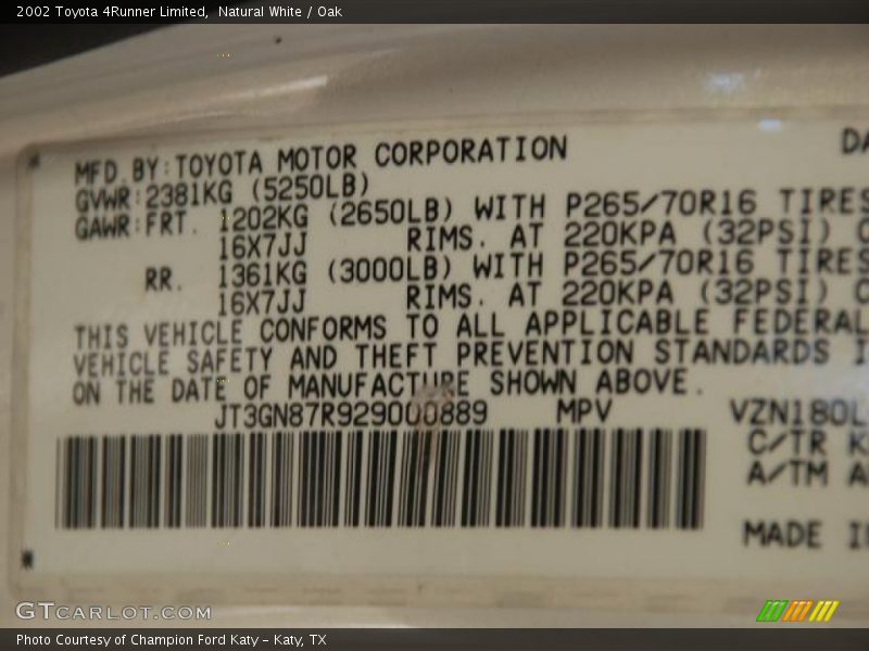 Natural White / Oak 2002 Toyota 4Runner Limited