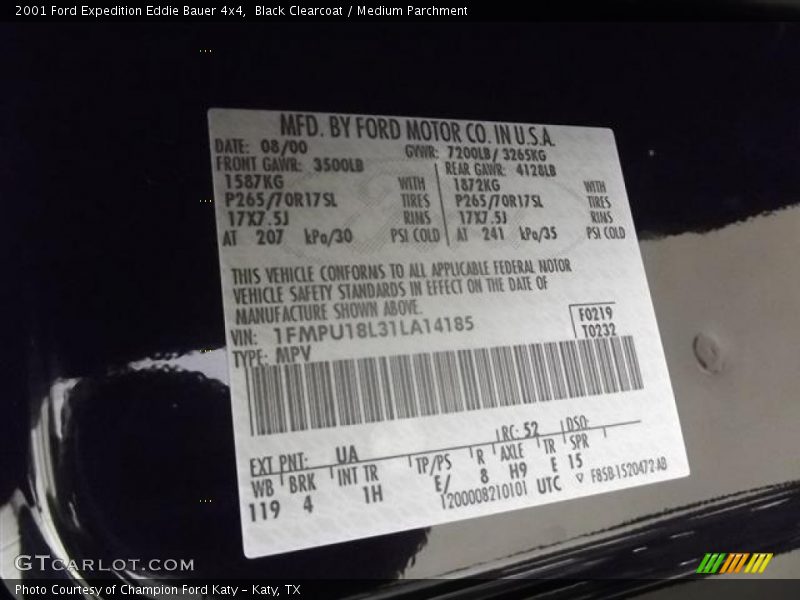 2001 Expedition Eddie Bauer 4x4 Black Clearcoat Color Code UA