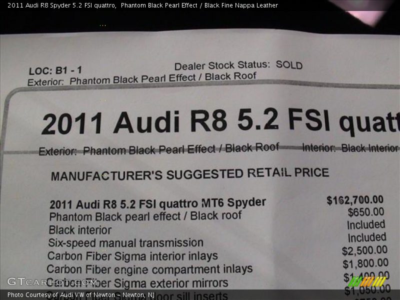  2011 R8 Spyder 5.2 FSI quattro Window Sticker