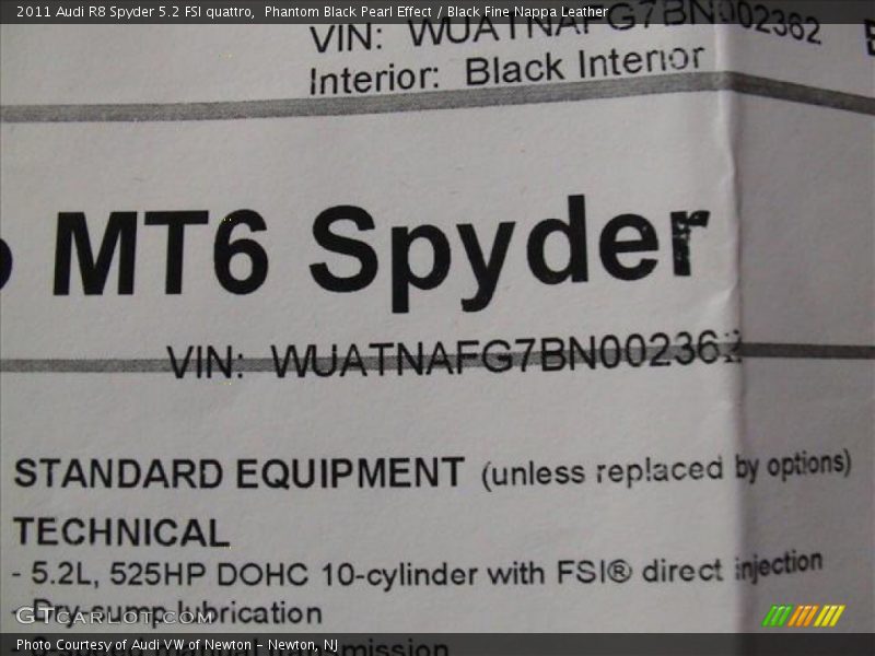  2011 R8 Spyder 5.2 FSI quattro Window Sticker
