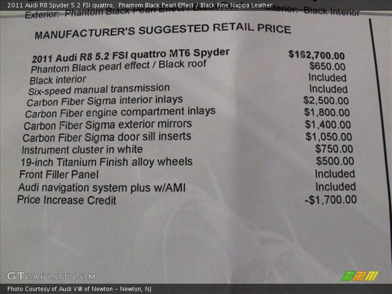  2011 R8 Spyder 5.2 FSI quattro Window Sticker