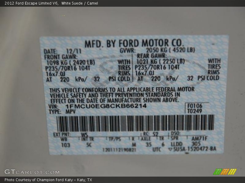 White Suede / Camel 2012 Ford Escape Limited V6