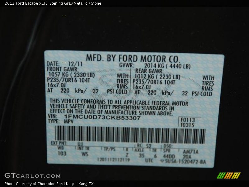 Sterling Gray Metallic / Stone 2012 Ford Escape XLT