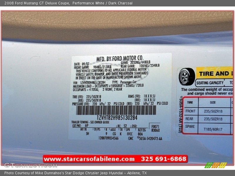 Performance White / Dark Charcoal 2008 Ford Mustang GT Deluxe Coupe