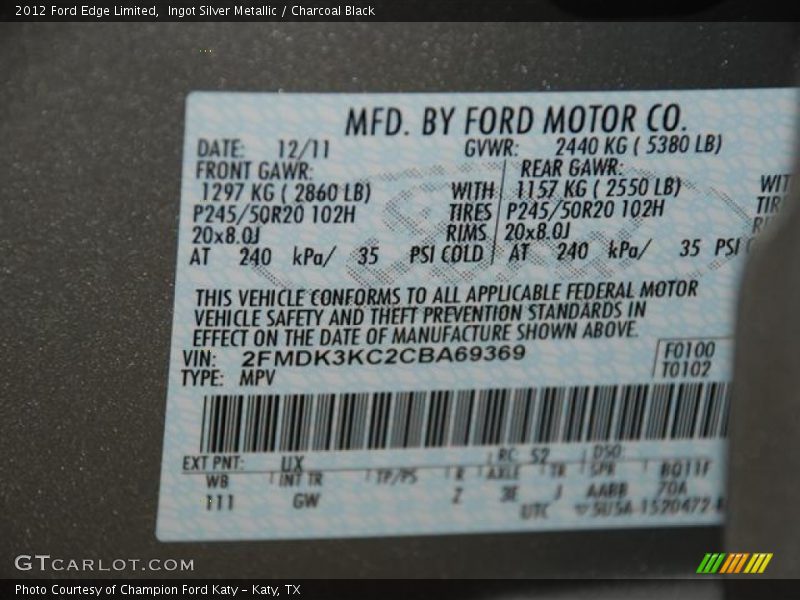 Ingot Silver Metallic / Charcoal Black 2012 Ford Edge Limited