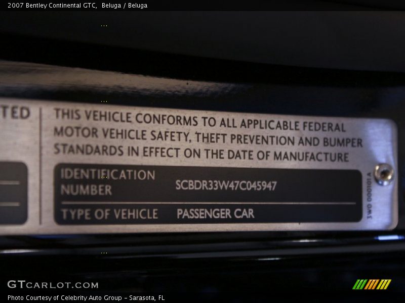 Info Tag of 2007 Continental GTC 