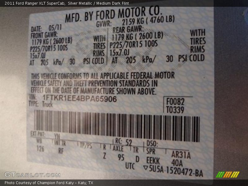 Silver Metallic / Medium Dark Flint 2011 Ford Ranger XLT SuperCab