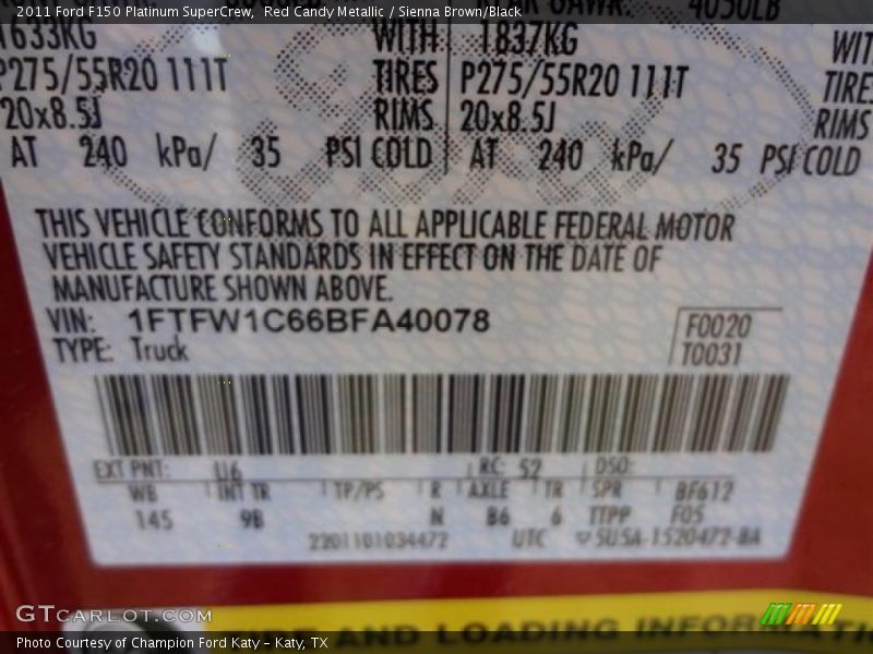 2011 F150 Platinum SuperCrew Red Candy Metallic Color Code U6