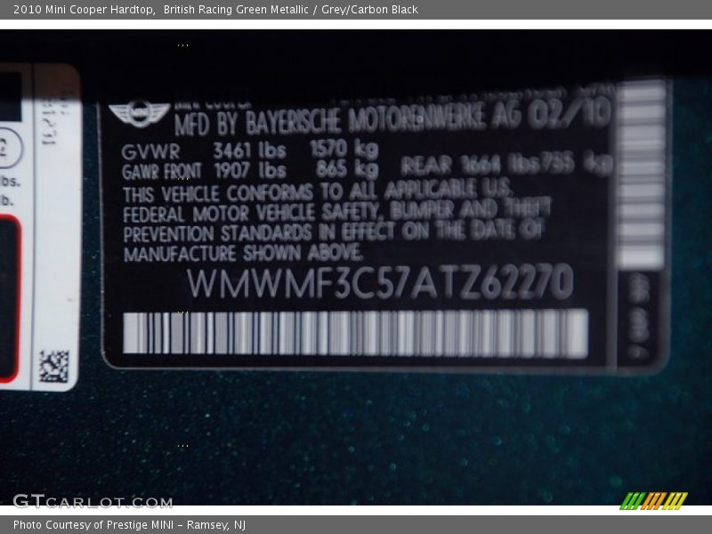 British Racing Green Metallic / Grey/Carbon Black 2010 Mini Cooper Hardtop