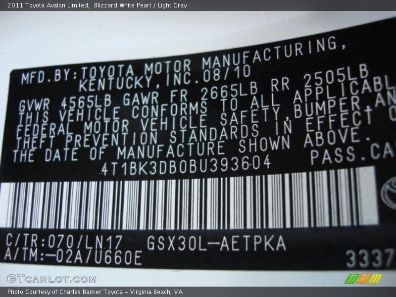 Blizzard White Pearl / Light Gray 2011 Toyota Avalon Limited