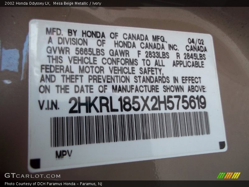 Mesa Beige Metallic / Ivory 2002 Honda Odyssey LX