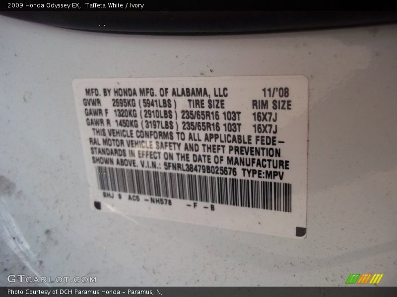Taffeta White / Ivory 2009 Honda Odyssey EX
