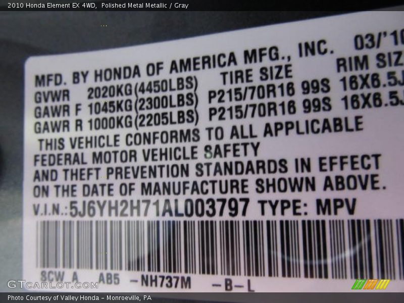 2010 Element EX 4WD Polished Metal Metallic Color Code NH737