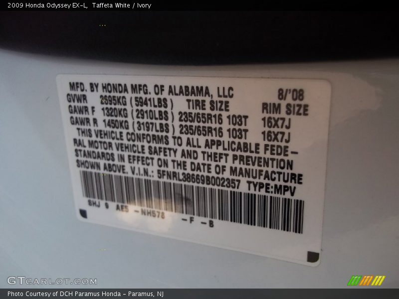 Taffeta White / Ivory 2009 Honda Odyssey EX-L