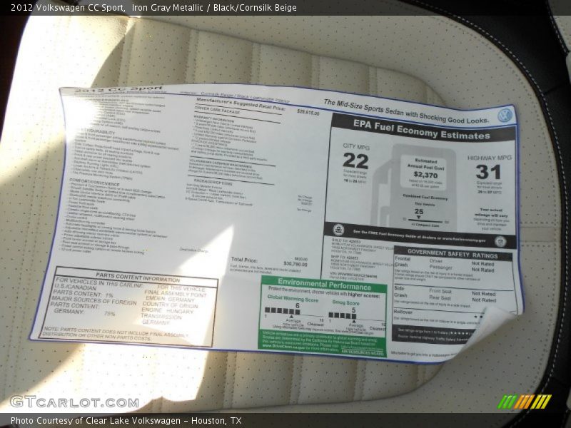 Iron Gray Metallic / Black/Cornsilk Beige 2012 Volkswagen CC Sport