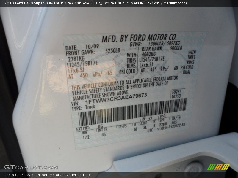 2010 F350 Super Duty Lariat Crew Cab 4x4 Dually White Platinum Metallic Tri-Coat Color Code UG