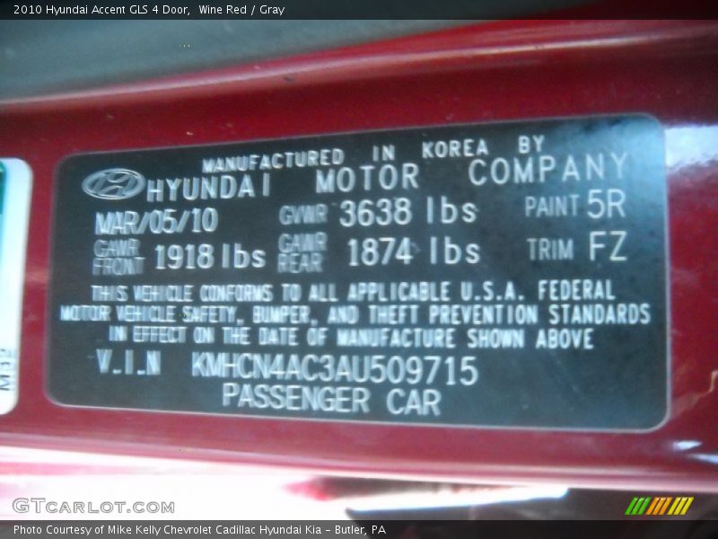 Wine Red / Gray 2010 Hyundai Accent GLS 4 Door