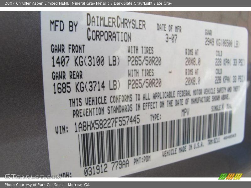 Mineral Gray Metallic / Dark Slate Gray/Light Slate Gray 2007 Chrysler Aspen Limited HEMI