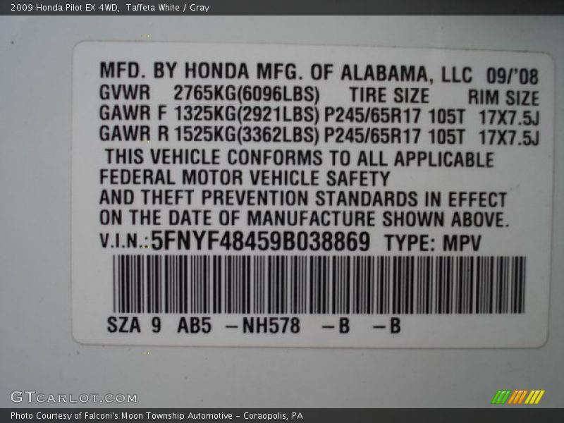 Taffeta White / Gray 2009 Honda Pilot EX 4WD