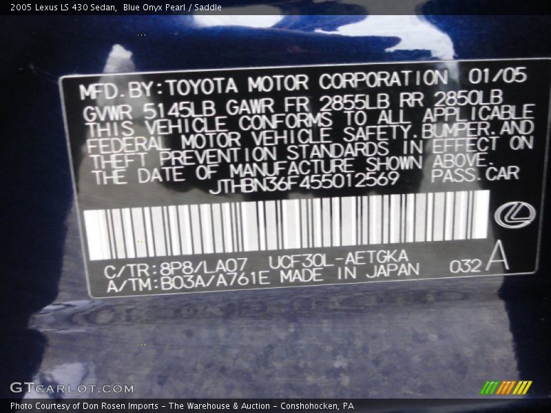 2005 LS 430 Sedan Blue Onyx Pearl Color Code 8P8