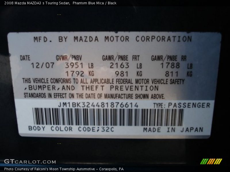 2008 MAZDA3 s Touring Sedan Phantom Blue Mica Color Code 32C