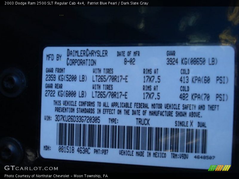 2003 Ram 2500 SLT Regular Cab 4x4 Patriot Blue Pearl Color Code PB7