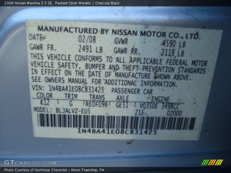 Radiant Silver Metallic / Charcoal Black 2008 Nissan Maxima 3.5 SE