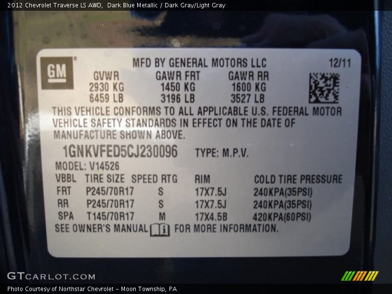 Dark Blue Metallic / Dark Gray/Light Gray 2012 Chevrolet Traverse LS AWD