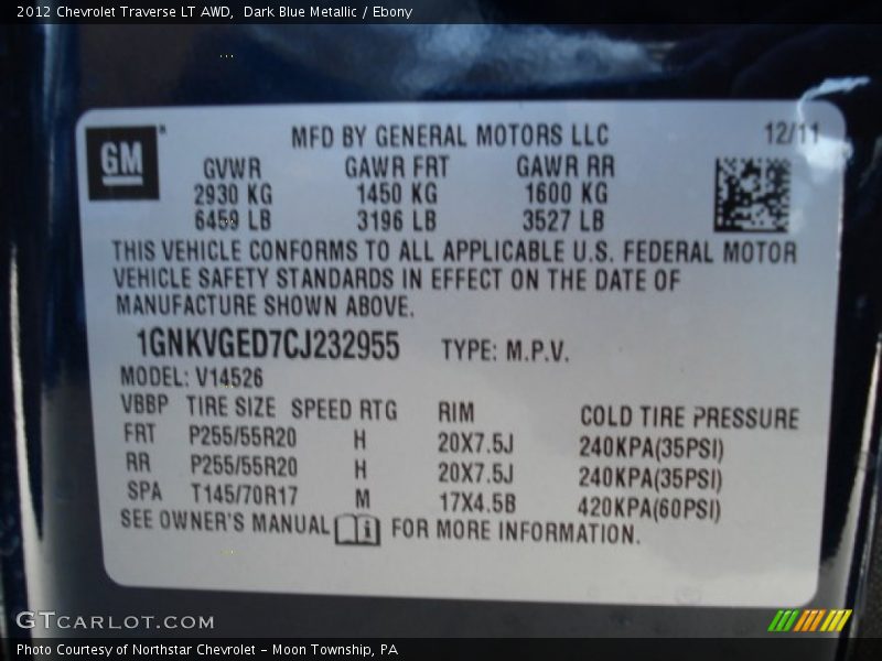 Dark Blue Metallic / Ebony 2012 Chevrolet Traverse LT AWD