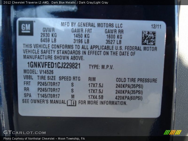 Dark Blue Metallic / Dark Gray/Light Gray 2012 Chevrolet Traverse LS AWD