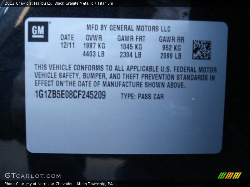 Black Granite Metallic / Titanium 2012 Chevrolet Malibu LS