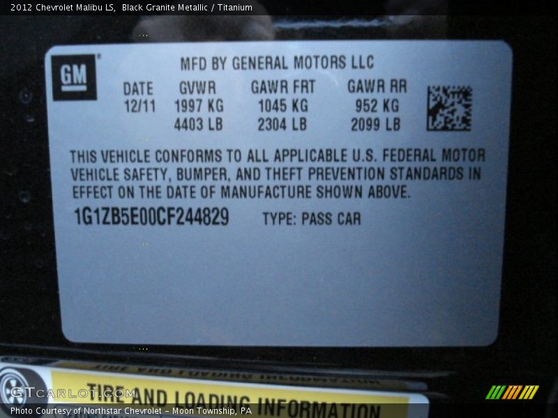 Black Granite Metallic / Titanium 2012 Chevrolet Malibu LS