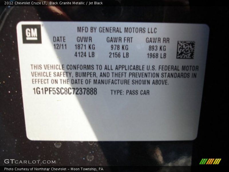 Black Granite Metallic / Jet Black 2012 Chevrolet Cruze LT