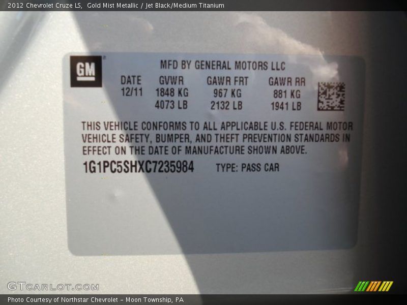 Gold Mist Metallic / Jet Black/Medium Titanium 2012 Chevrolet Cruze LS