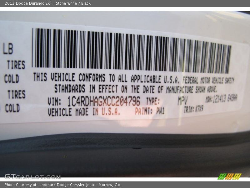 Stone White / Black 2012 Dodge Durango SXT