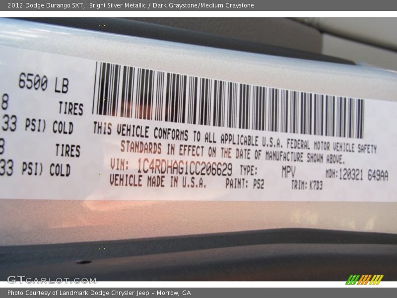 Bright Silver Metallic / Dark Graystone/Medium Graystone 2012 Dodge Durango SXT