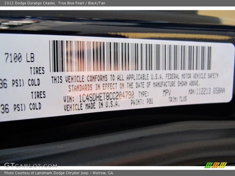 2012 Durango Citadel True Blue Pearl Color Code PBU
