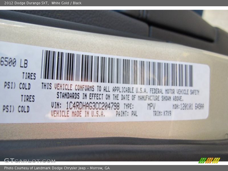 2012 Durango SXT White Gold Color Code PWL
