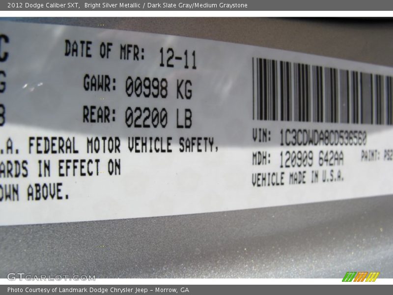 Bright Silver Metallic / Dark Slate Gray/Medium Graystone 2012 Dodge Caliber SXT