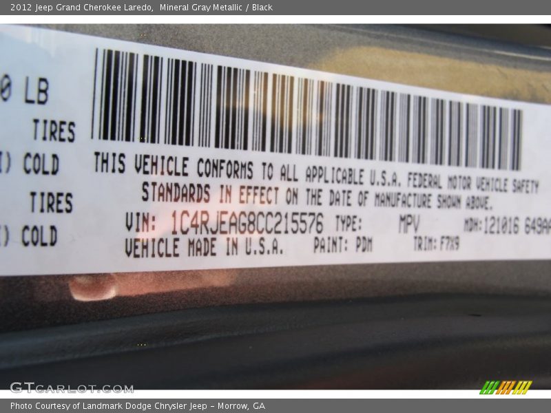 Mineral Gray Metallic / Black 2012 Jeep Grand Cherokee Laredo