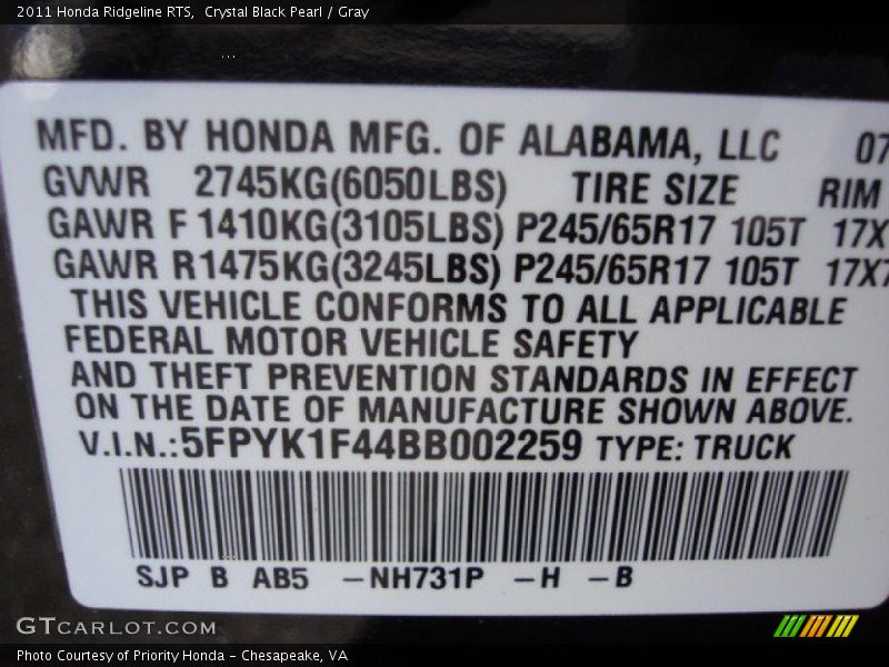 2011 Ridgeline RTS Crystal Black Pearl Color Code NH731