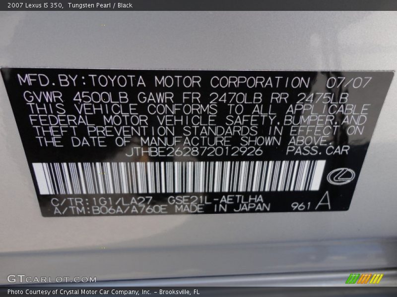 Tungsten Pearl / Black 2007 Lexus IS 350