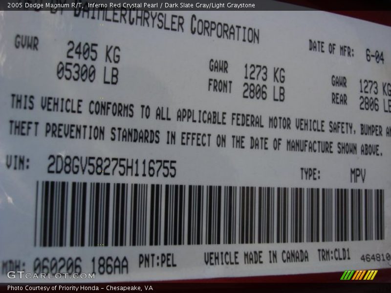 Inferno Red Crystal Pearl / Dark Slate Gray/Light Graystone 2005 Dodge Magnum R/T